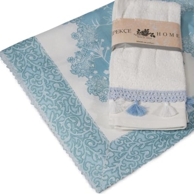 Față de masă 160/220 cm alb și albastru în set cu 2 buc. prosoape de baie 30x50 cm