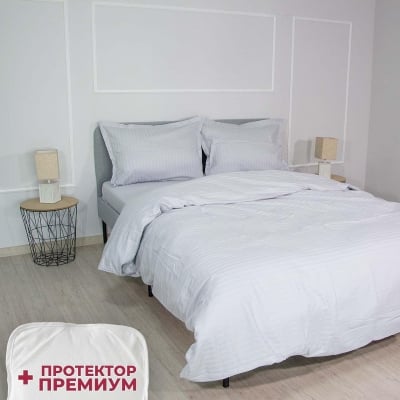Set de pat dublu bumbac satinat gri cu protector cauciucat