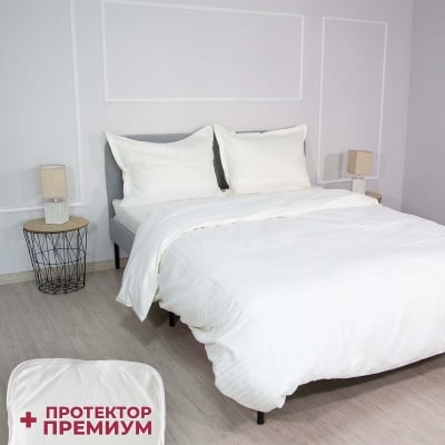 Set de pat pentru o persoană bumbac satinat ecru în set cu protector cauciucat