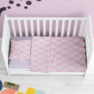 Set de pat pentru bebeluși, Norișori, în culoare roz, din 100% bumbac ranforce