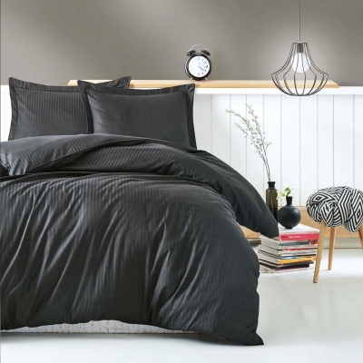 Set de pat dublu 6 piese cu un singur plic, 100% bumbac satinat, Negru