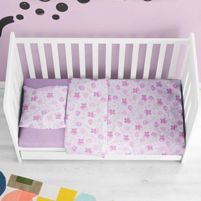 Set de pat pentru bebeluși, Cărucioare, în culoare roz din 100% bumbac ranforce