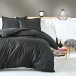 Set de pat dublu 6 piese cu un singur plic, 100% bumbac satinat, Negru